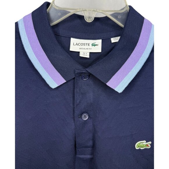 Lacoste Mens Medium Navy Polo Shirt Blue Purple Stripe Collar Regular Fit Cotton - Picture 3 of 7